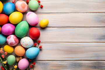 Fototapeta na wymiar Multi-colored Easter eggs on light wooden background. Easter stylish minimal composition. Close-up. View from above. Place for text