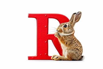 Rabbit shaped letter  r  isolated on a white background with cute bunny features