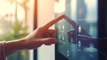  A sleek smart home control panel, fingers adjusting settings with a touch. 