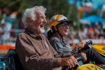 A couple of cheerful elderly people go karting - obrazy, fototapety, plakaty