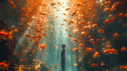 Fototapeta na wymiar an underwater image of a person looking at fish and water, in the style of futuristic, sci-fi elements, photo-realistic landscapes, high-angle, passage
