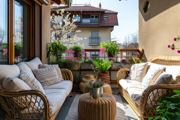 Fototapeta na wymiar Large balcony with cozy sofas and armchairs and flower pots