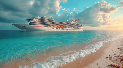A cruise liner floating along the picturesque shore. - obrazy, fototapety, plakaty