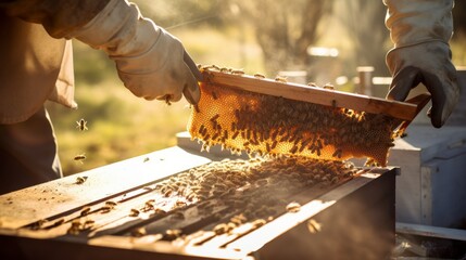 A close-up of a beekeeper wearing a protective uniform takes care of bees, checks the quality of honey, examines the honeycombs in the apiary. Beekeeping, organic agricultural products concepts. - obrazy, fototapety, plakaty