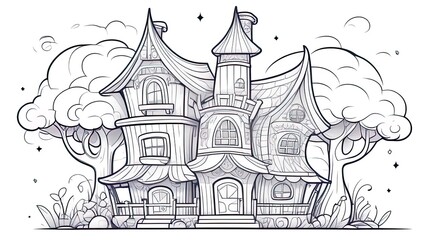 Naklejka premium Fairy House Coloring Page, Fairy House Line Art. Fairy House Adult Coloring Page.