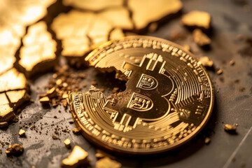 Close up of a broken and cracked bitcoin. Price crash concept