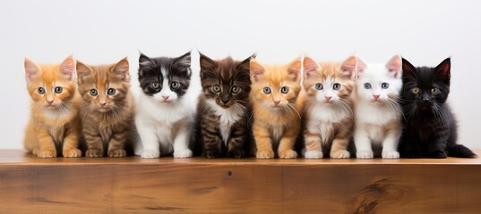 Vibrant assortment of adorable cat kittens sitting in a row, each displaying unique colors