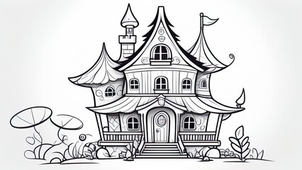 Naklejka premium Fairy House Coloring Page, Fairy House Line Art. Fairy House Adult Coloring Page.