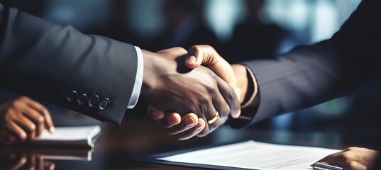 Close up of business professionals negotiating contract and shaking hands in office meeting - obrazy, fototapety, plakaty