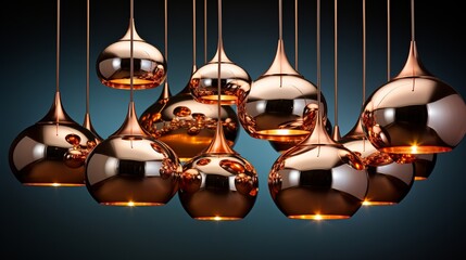Different modern streamlined mirror copper chandeliers.