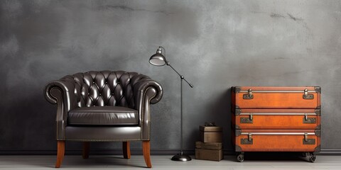 Mock up photo of loft interior featuring a textured concrete wall, black leather chair, and vintage wooden trunk. Background image allows for text placement.
