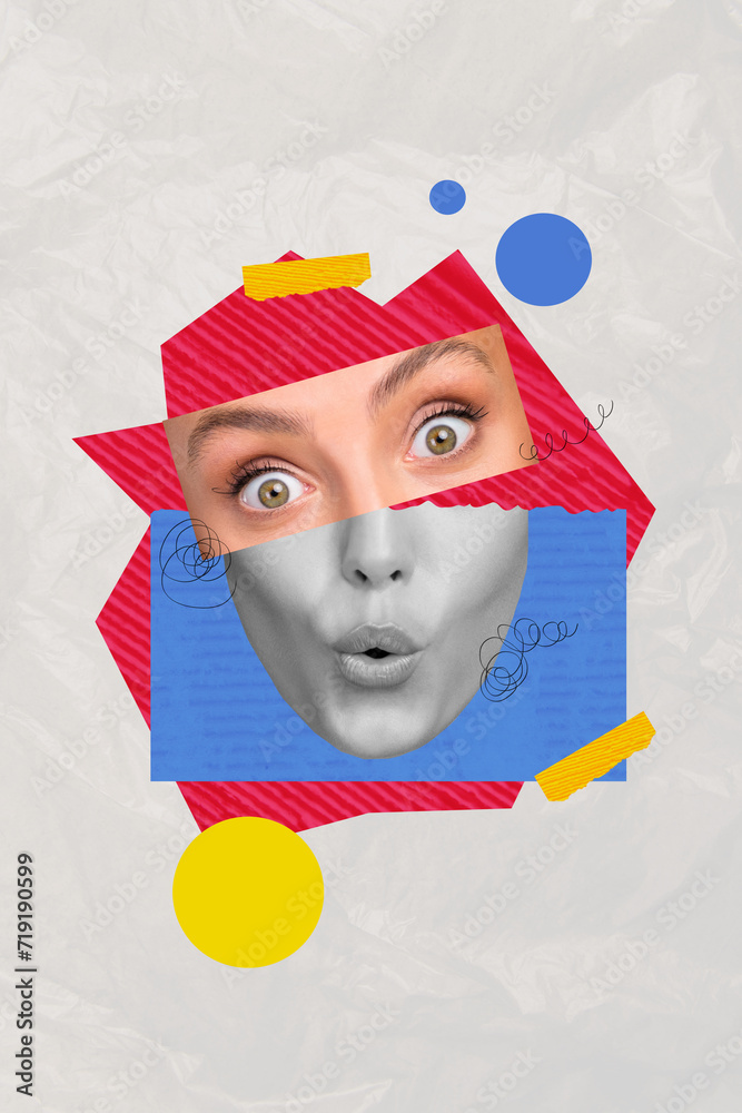 Sticker Composite collage picture image of shocked female face pouted lips paper parts tore elements poster weird freak bizarre unusual fantasy