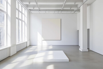 Empty interior of a modern art gallery. White canvas. Created with Generative AI technology
