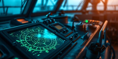 Green radar display on modern ship captain's bridge. - obrazy, fototapety, plakaty