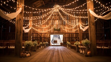 Fototapeta na wymiar Indoor barn wedding with string lighting to celebrate marriage in a rustic setting. 