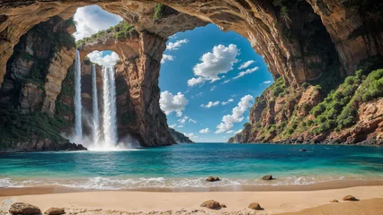 Fotobehang Fantasy landscape of towering rock formations and high waterfalls, idyllic summer paradise cove on island of pristine empty sand beaches and turquoise blue ocean.  © SoulMyst