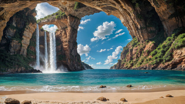 Fantasy landscape of towering rock formations and high waterfalls, idyllic summer paradise cove on island of pristine empty sand beaches and turquoise blue ocean. 