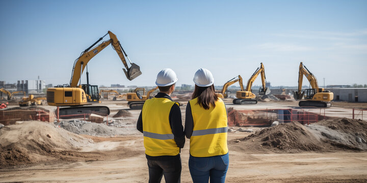 Male contractor and female foreman at the construction site surrounded by excavators and cranes with reflective clothing and safety helmet.
