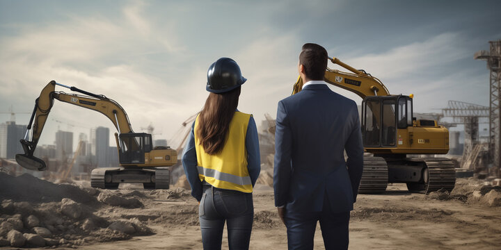 Female architect and male civil engineer at the construction site near excavators and cranes. Professionals collaborating and providing skills guaranteeing efficient management.