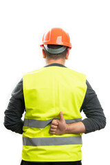 Male builder wearing safety uniform showing thumb up behind back