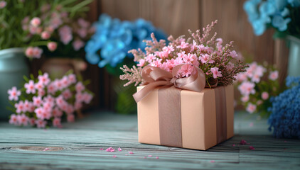 Gift box and bouquet of delicate flowers on a wooden background. Mother's day or birthday.