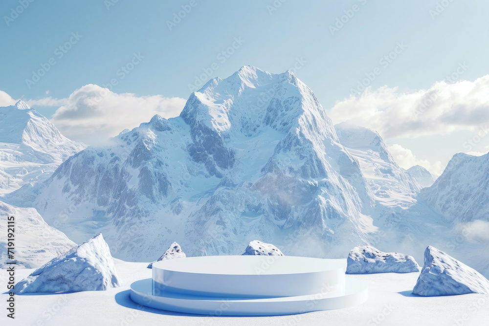 Wall mural 3d render platform and ice podium background on ice snow mountain with snow covered floor for product stand display advertising cosmetic beauty products or skincare with empty round stage - Wall murals