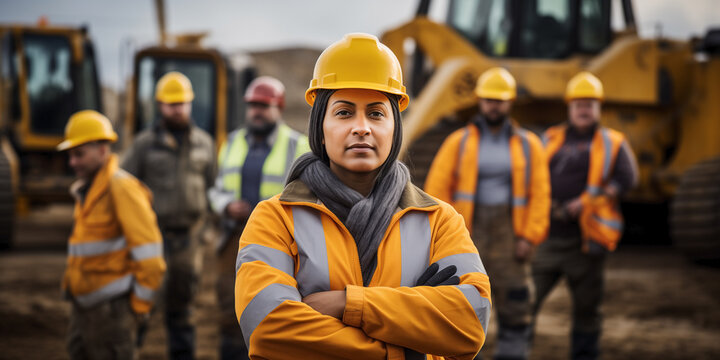 Female construction manager and blurry males in the background evaluating progress at the construction site featuring excavators and cranes with reflective clothing and safety helmet. 