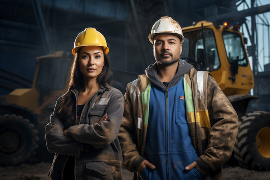 Male contractor and female foreman discussing plans at the construction site near excavators and cranes with reflective clothing and safety helmet.