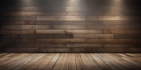 Grunge wooden planks with spotlight in empty room interior for product display and montage.