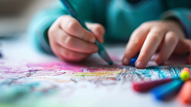 A young kid uses colorful pastels on a blank surface to celebrate Father's Day.