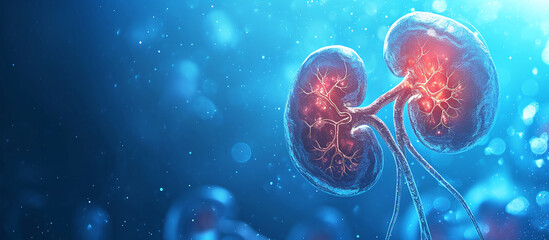 illustration of human kidney on blue background - obrazy, fototapety, plakaty