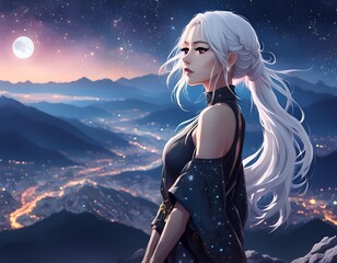 Anime girl with blond long hair standing on top of a mountain above the city at night