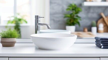 Fototapeta na wymiar Modern white square vessel sink and chrome faucet in minimalist bathroom with sleek design