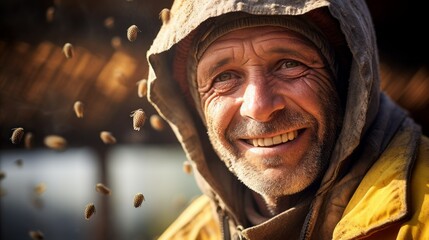 A close-up portrait of a happy smiling senior male beekeeper in a protective uniform surrounded by bees in an apiary. Honey harvesting, beekeeping, farming concepts. - obrazy, fototapety, plakaty