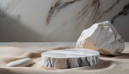 Fototapeta na wymiar A composition of marble pedestals, and stones on sandy surface, set against a marbled background. Ideal for product display or nature-themed content