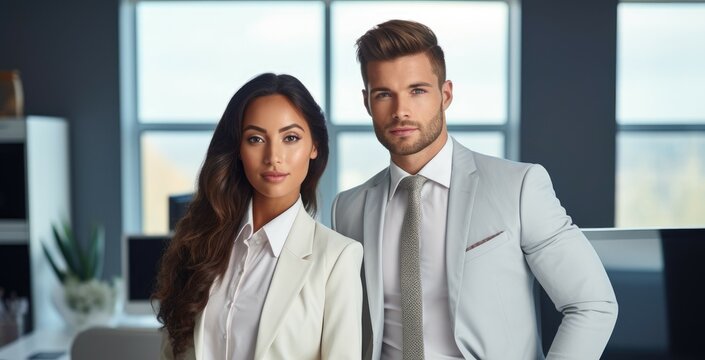 A man and a woman wearing business suits stand together, striking a pose for a professional photograph.