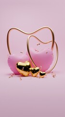 3D rendered pink and gold valentine themed of confetti and love balloons for social media story