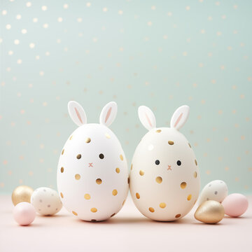 Two white ceramic rabbit with golden dots on gold glitter and pastel green background. Easter festival social media background design with copy space for text.