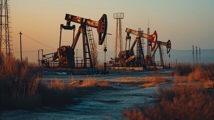 The fluctuation of oil prices due to war, implementing a limit on oil prices, oil rigs in a desert oil field, extracting crude oil from the earth, and producing petroleum. - obrazy, fototapety, plakaty