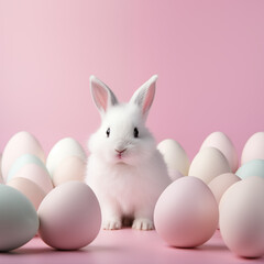 A white rabbit is sitting among pastel white and pink easter eggs on pink background. Easter festival social media background design with copy space for text.