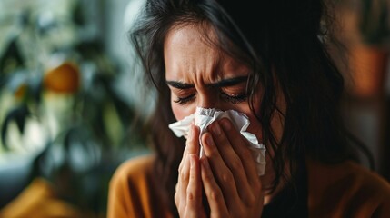 A woman with a cold or flu sneezing in her living room due to allergies or hay fever, putting her at risk for a viral infection or health emergency because of congestion.