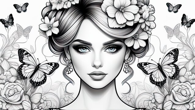 Anti stress coloring book page for adult and kids. Coloring book page. image of beautiful girl's face with flowers and butterflies
