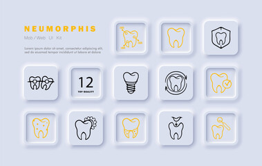 Dentist set line icon. Filling, teeth, caries, toothpaste and brush, crown, jaw, enamel. Neomorphism style. Vector line icon for business and advertising