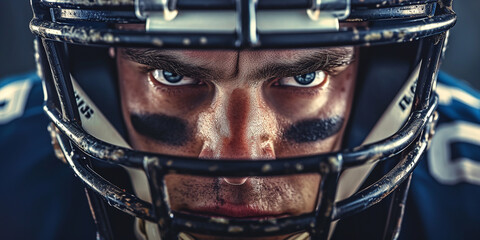 Portrait of an American football player, eyes full of motivation and determination during a match