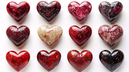 Set of red marble hearts on white background, Valentine's Day