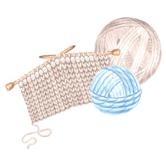 Obraz premium Tangles of thread and nitted fabric sample beige on a knitting needles. Watercolor template illustration for knitting hobby. Isolated hand drawn illustration for cards, knitter blog, needlework store