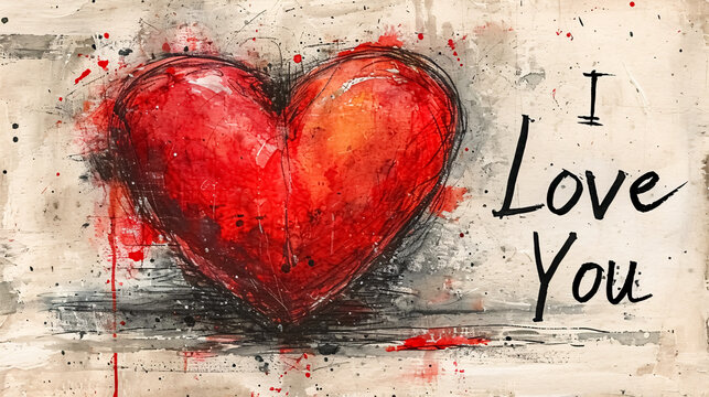 Valentine's day greeting card with red heart and text I love you. Digital art painting, grunge background.