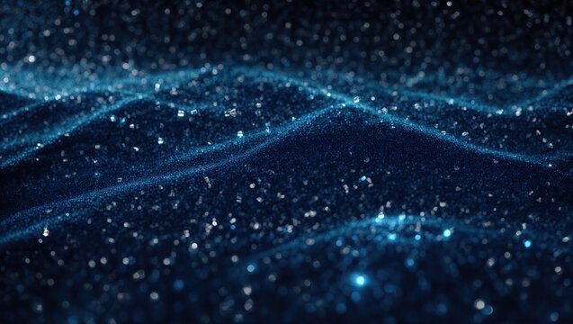 Abstract dark blue digital background with sparkling blue light particles and areas with deep depths Particles form into lines, surfaces and grids © tehmas