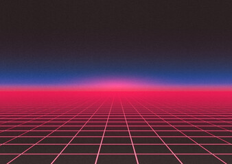 Background of red neon grid with blue horizon and retro grain effect