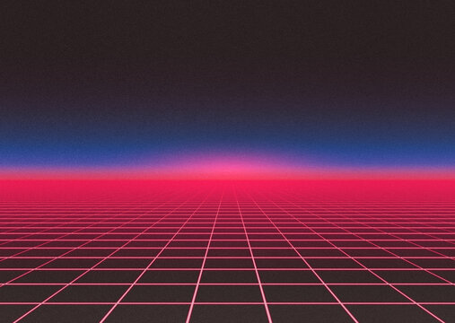 Background of red neon grid with blue horizon and retro grain effect